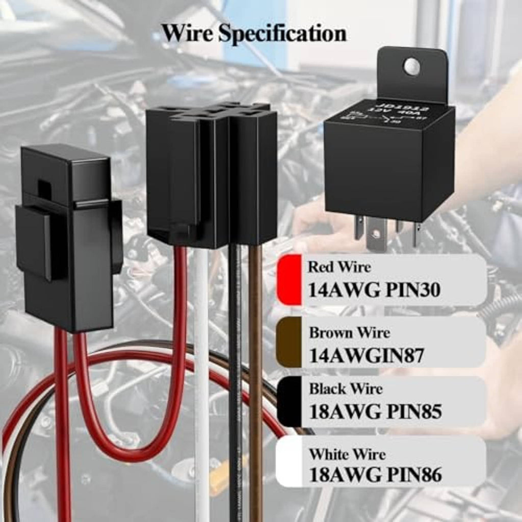 Cooling fan relay kit with relay module and colored wire leads: red, brown, black, white