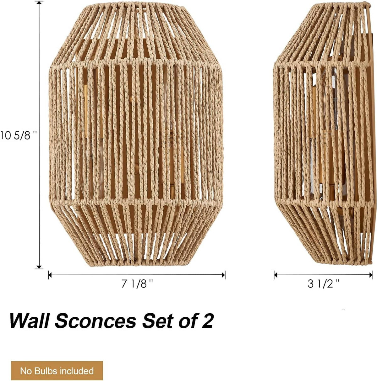 Set of 2 woven rattan wall sconce shades, teardrop shape with open grid