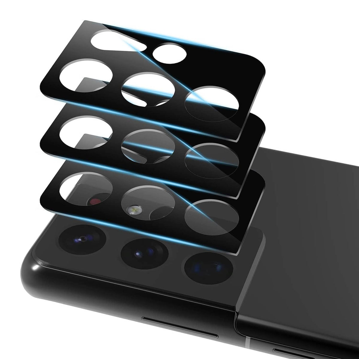 Black camera lens protector film for a Samsung phone, covering four lenses