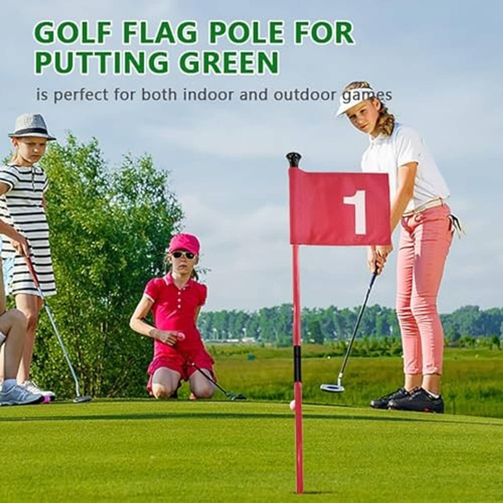 Red golf flag pole for putting green with numbered banner and round white base