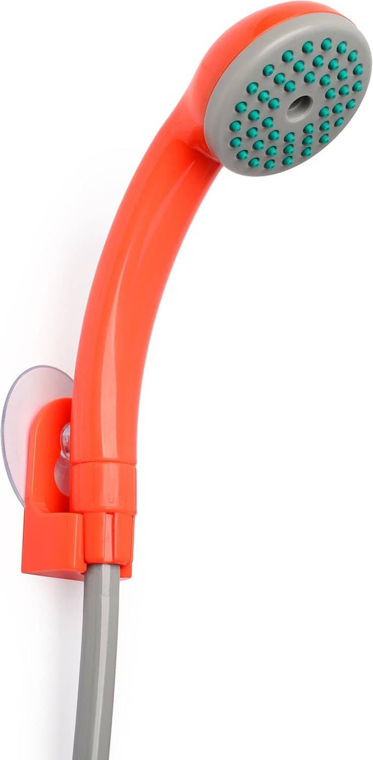 Orange handheld shower head with teal spray holes and gray hose connector