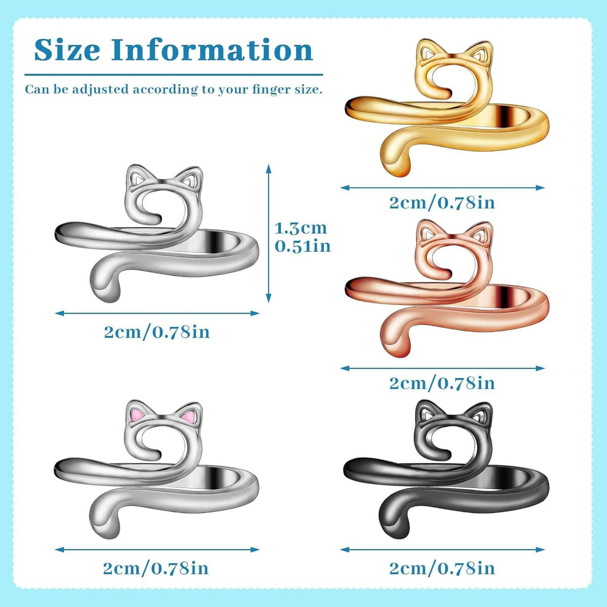 Cat-shaped adjustable crochet tension rings shown with size measurements in several colors