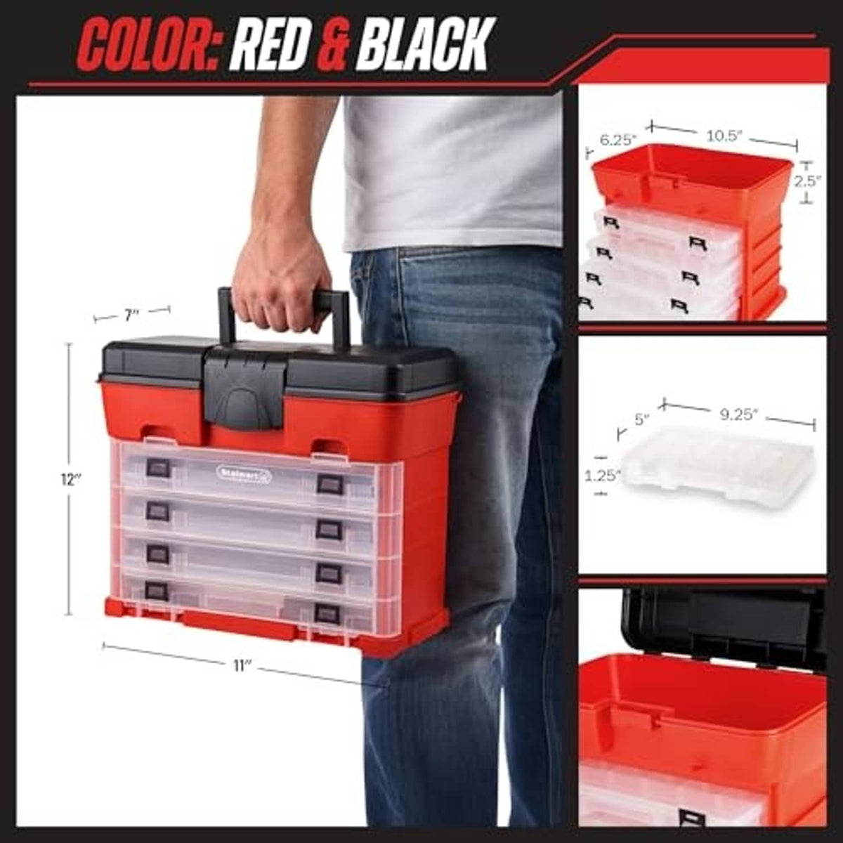 Red and black tool storage box with clear drawers and black carrying handle, open lid