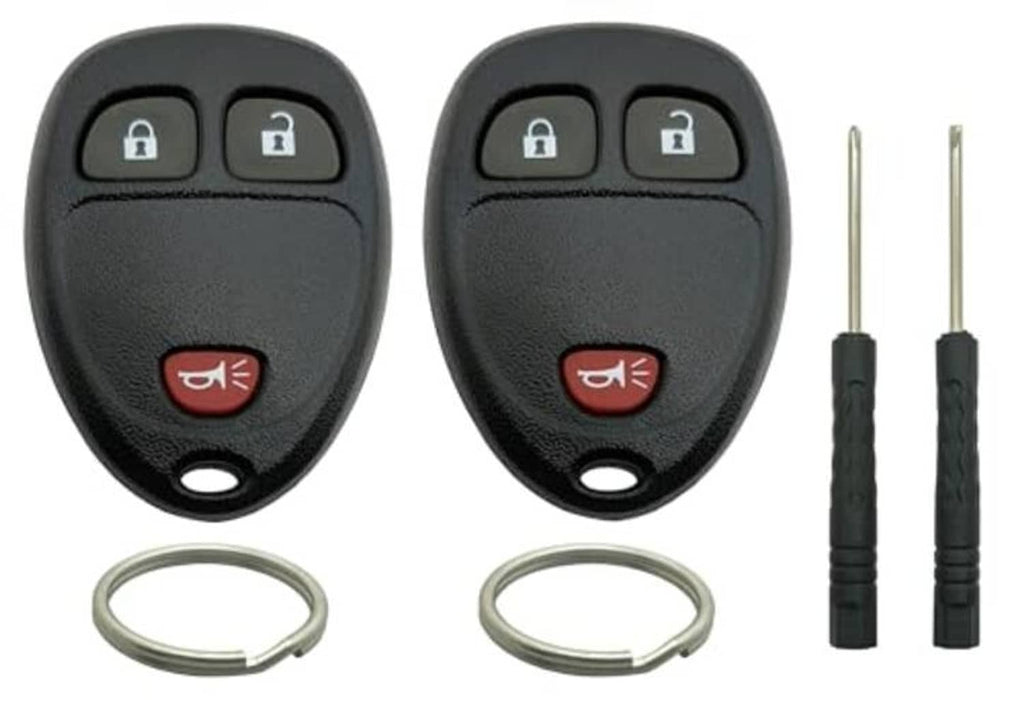 Two black 3-button key fob shell cases with lock/unlock/trunk icons; includes rings and pins