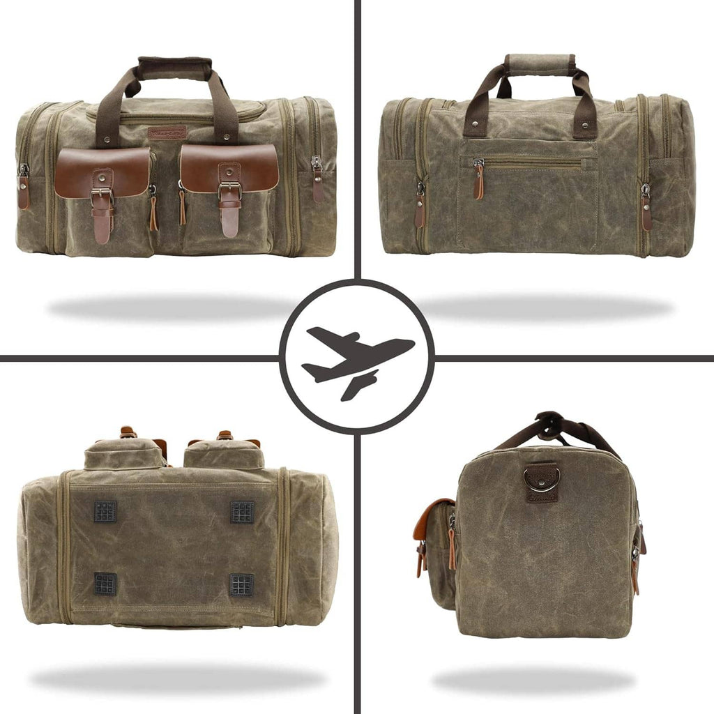 Olive waxed canvas duffel bag shown from multiple angles with tan leather pockets