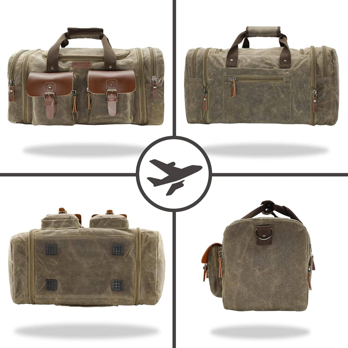 Olive waxed canvas duffel bag shown from multiple angles with tan leather pockets