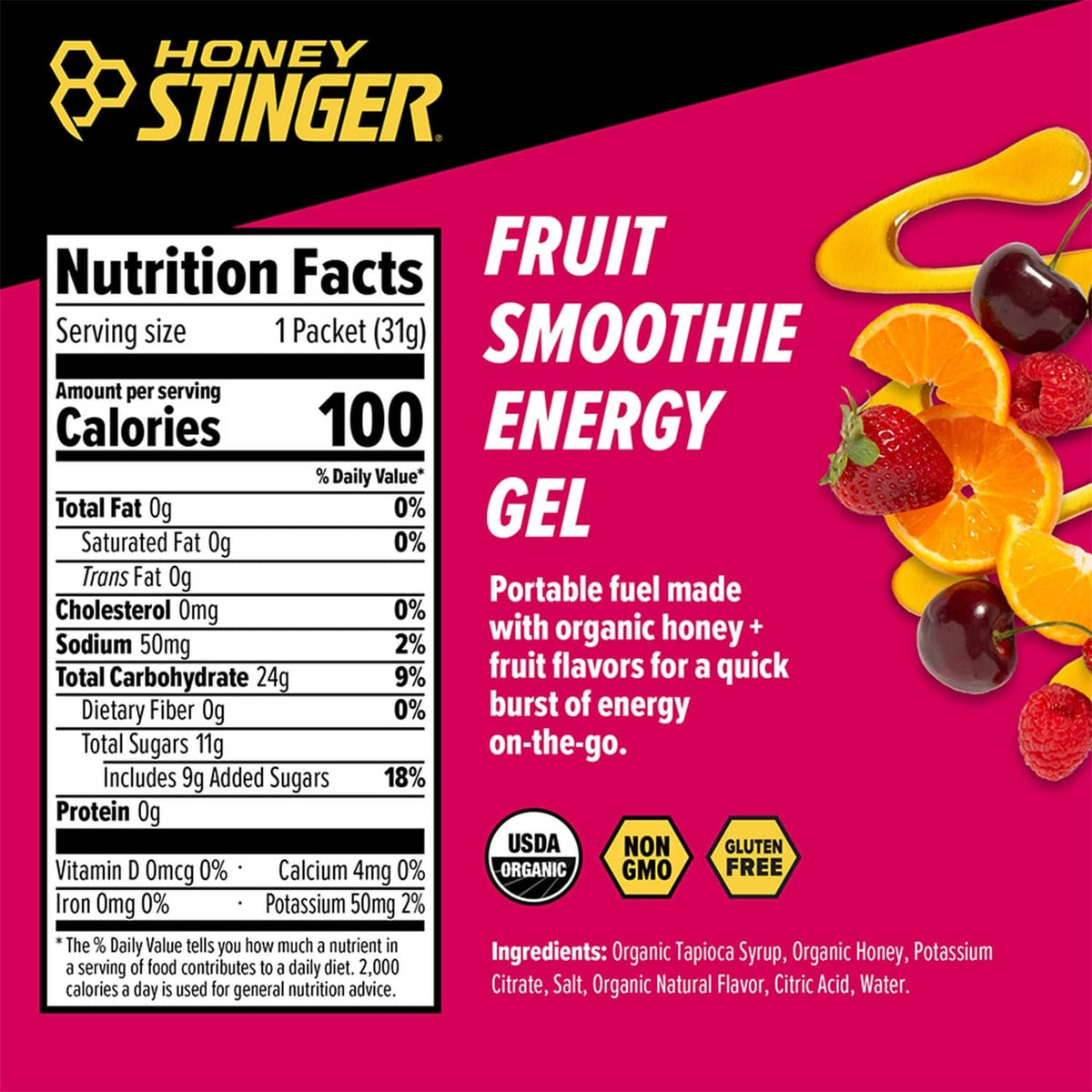 Honey Stinger fruit smoothie energy gel nutrition facts and ingredients panel