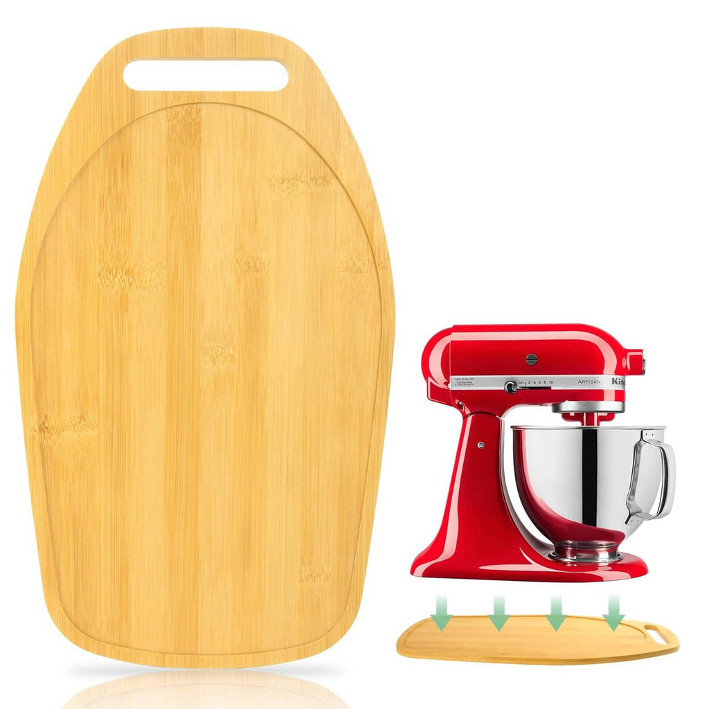 Natural bamboo mixer board with carry handle, oval cutting surface and rounded corners