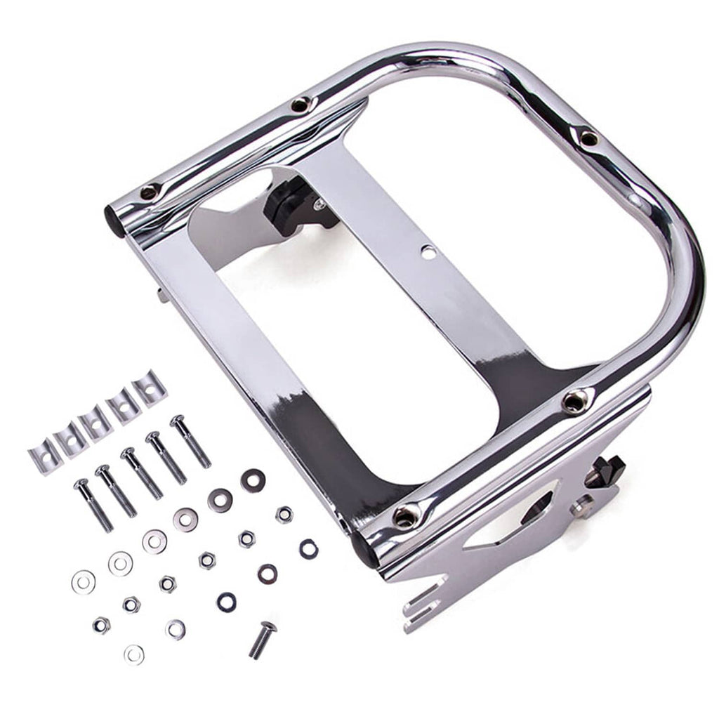 Chrome luggage rack frame with mounting plate and assorted bolts, washers, and spacers