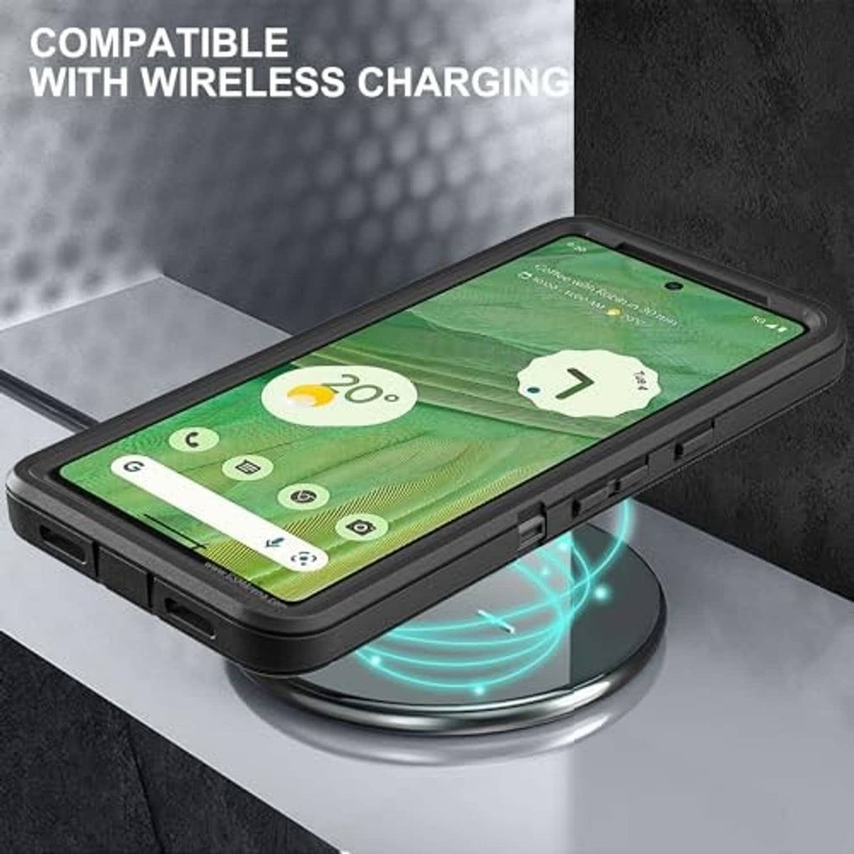 Black rugged 3-in-1 phone case with front screen and camera protection, charging-ready view