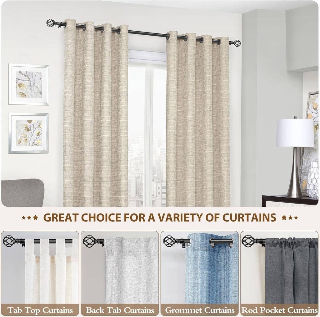 Black twisted cage finials at curtain rod ends, each with screw mount hardware