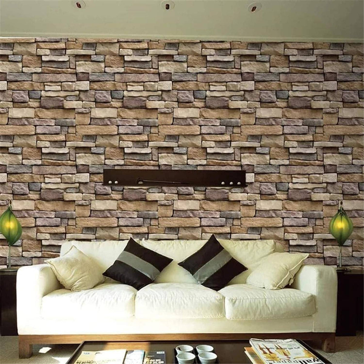 Stone brick wallpaper in beige and gray stacked block pattern