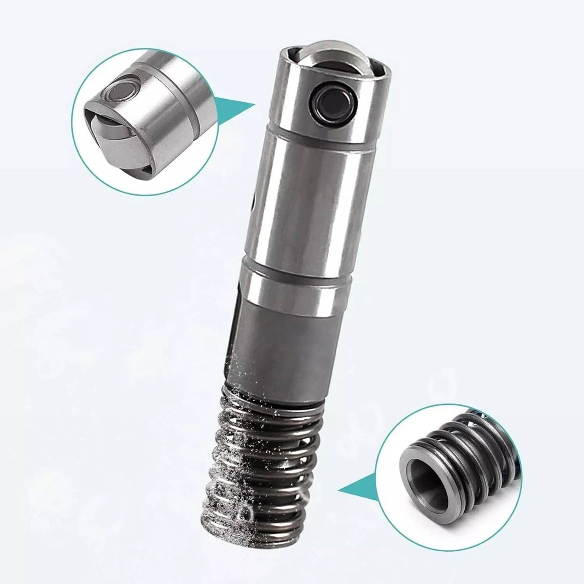 Stainless engine lifter with coil spring, showing roller end and side detail close-up.