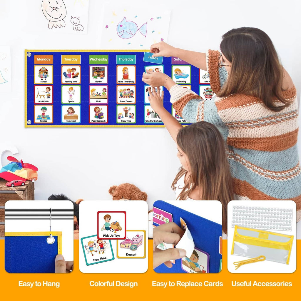 Colorful kids chore visual schedule board mounted on wall with removable picture cards