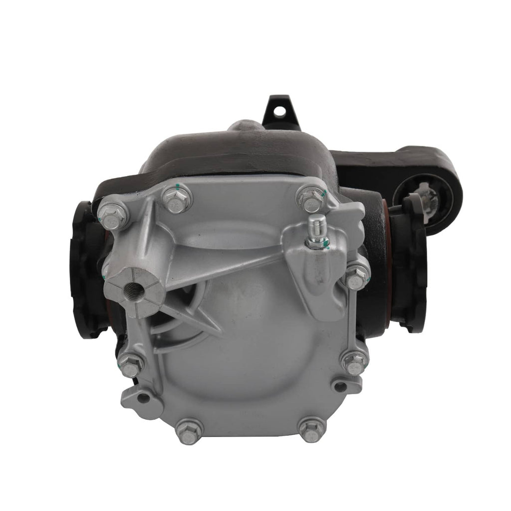 Rear differential carrier assembly top view with silver casing and black end cover
