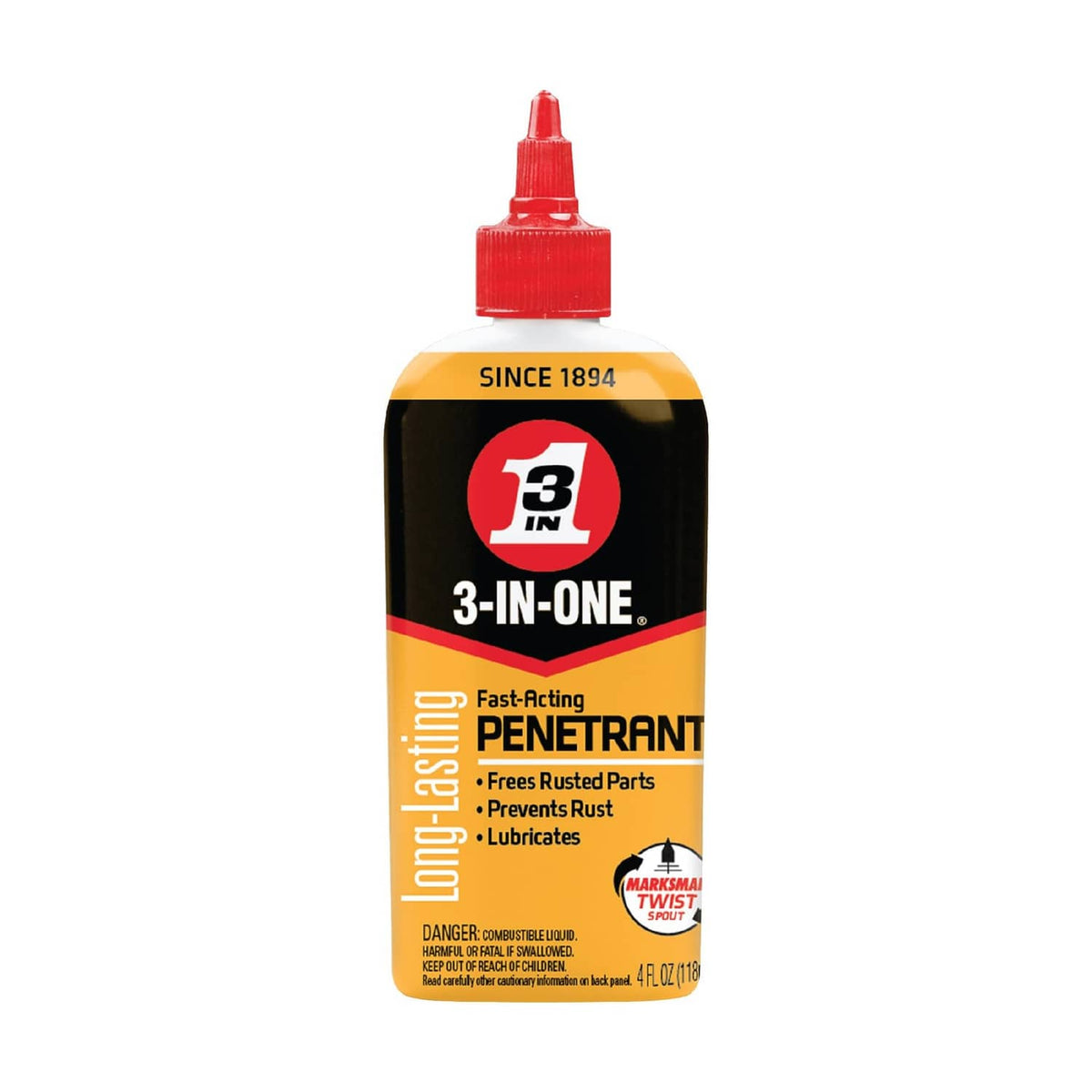 Penetrating drip oil bottle with red twist cap, amber label