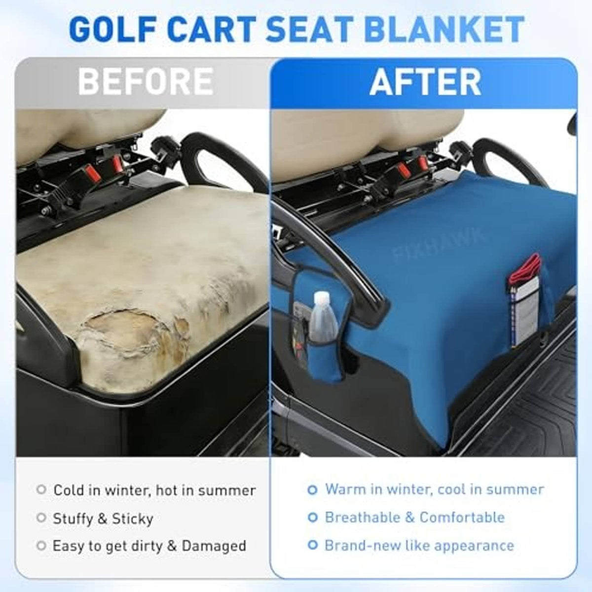 Blue golf cart seat blanket installed on seat, with before-and-after comparison