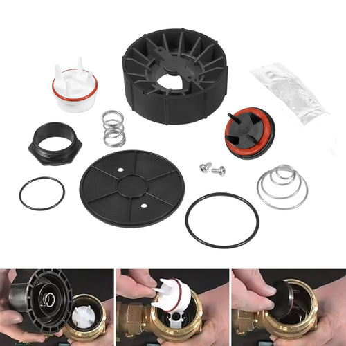 Black 1-inch backflow repair kit parts: hood, gaskets, O-rings, spring, seal, screws