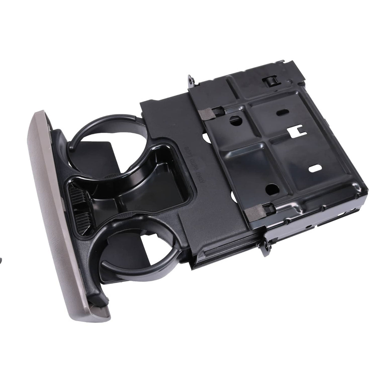 Black dashboard ashtray and cup holder insert with two cup openings and gray outer trim