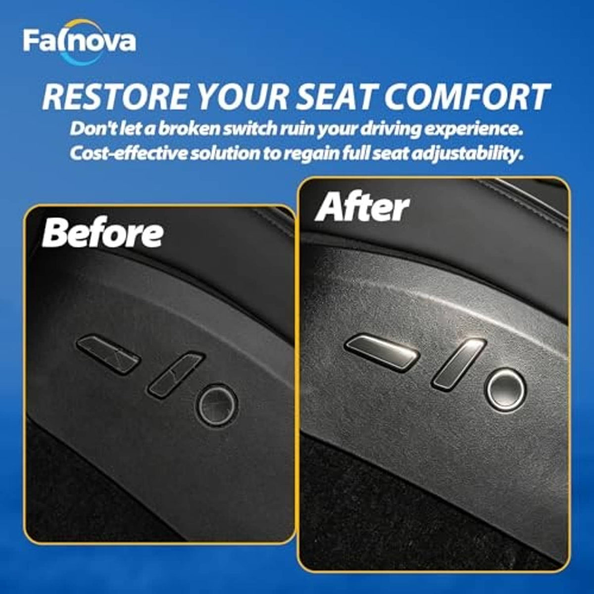 Power seat switch panel with rectangular rocker and round control button, dark finish.