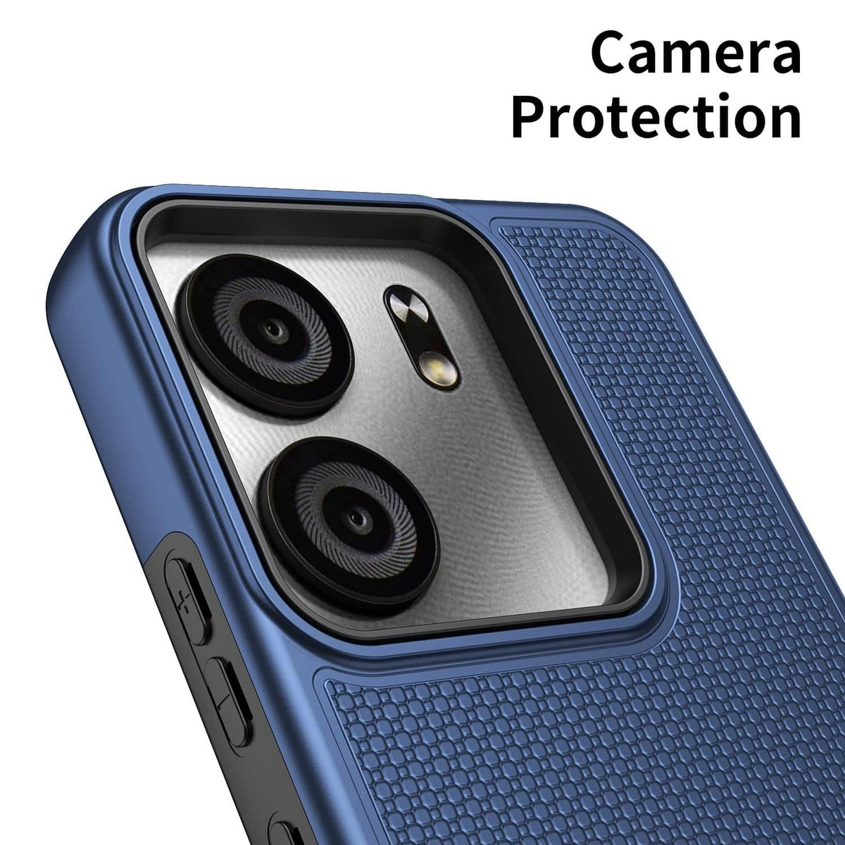 Blue phone case close-up showing dual camera cutouts and textured bumper border