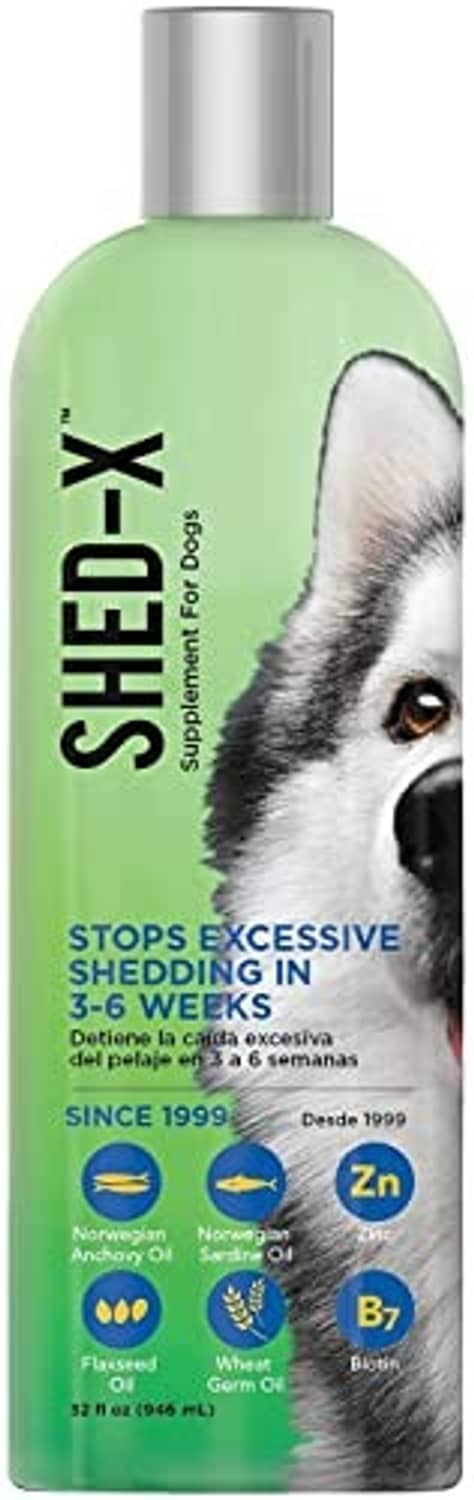 Shed-x liquid dog supplement bottle, green bottle with silver cap and dog face graphic
