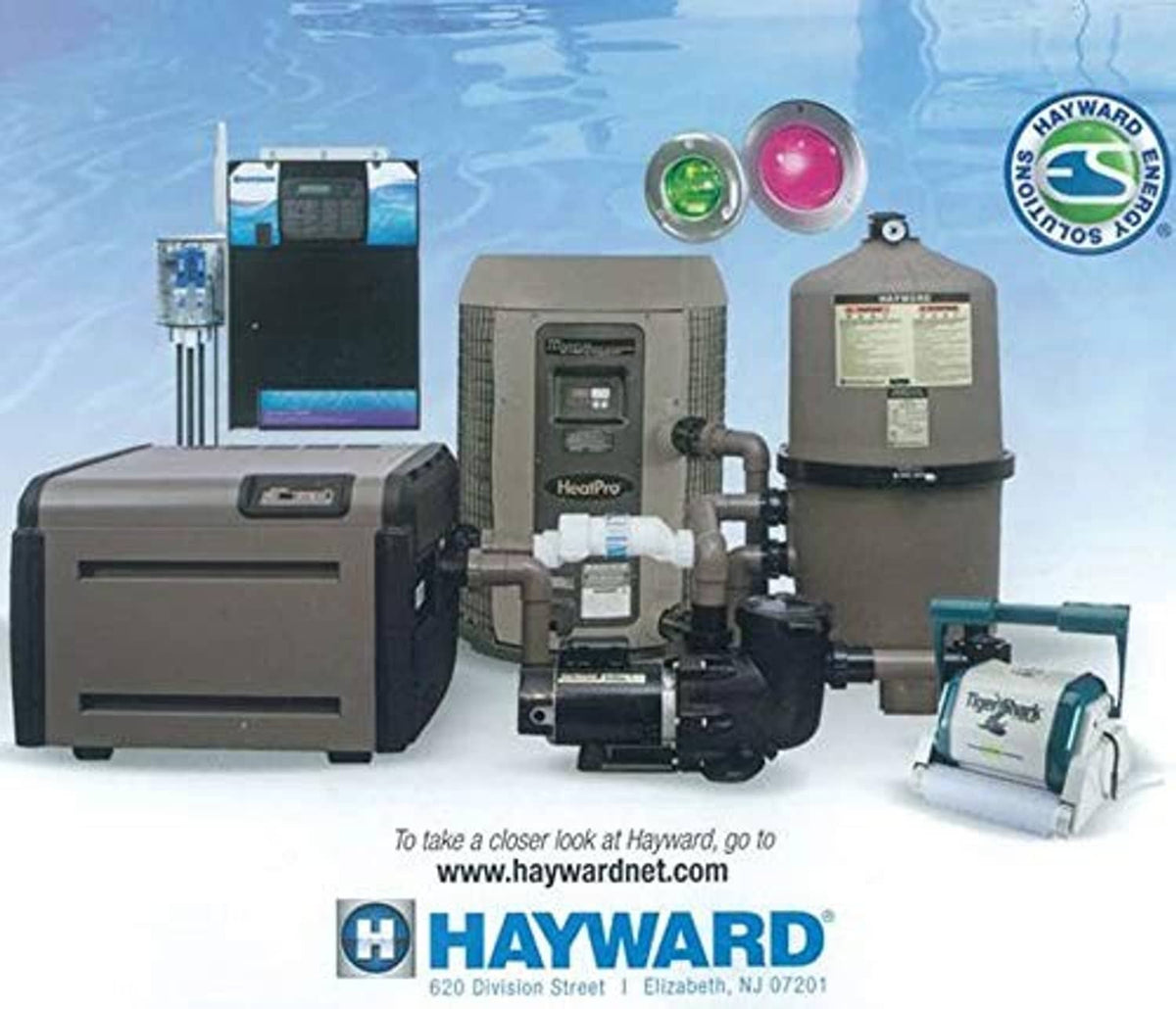 HAYWARD pool equipment photo with filter and automation units near water