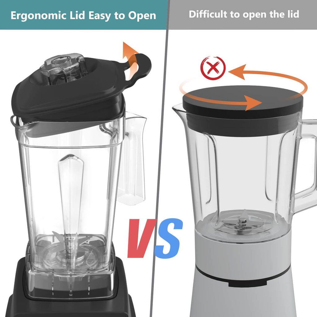 Transparent blender jar with black lid, showing ergonomic easy-to-open design