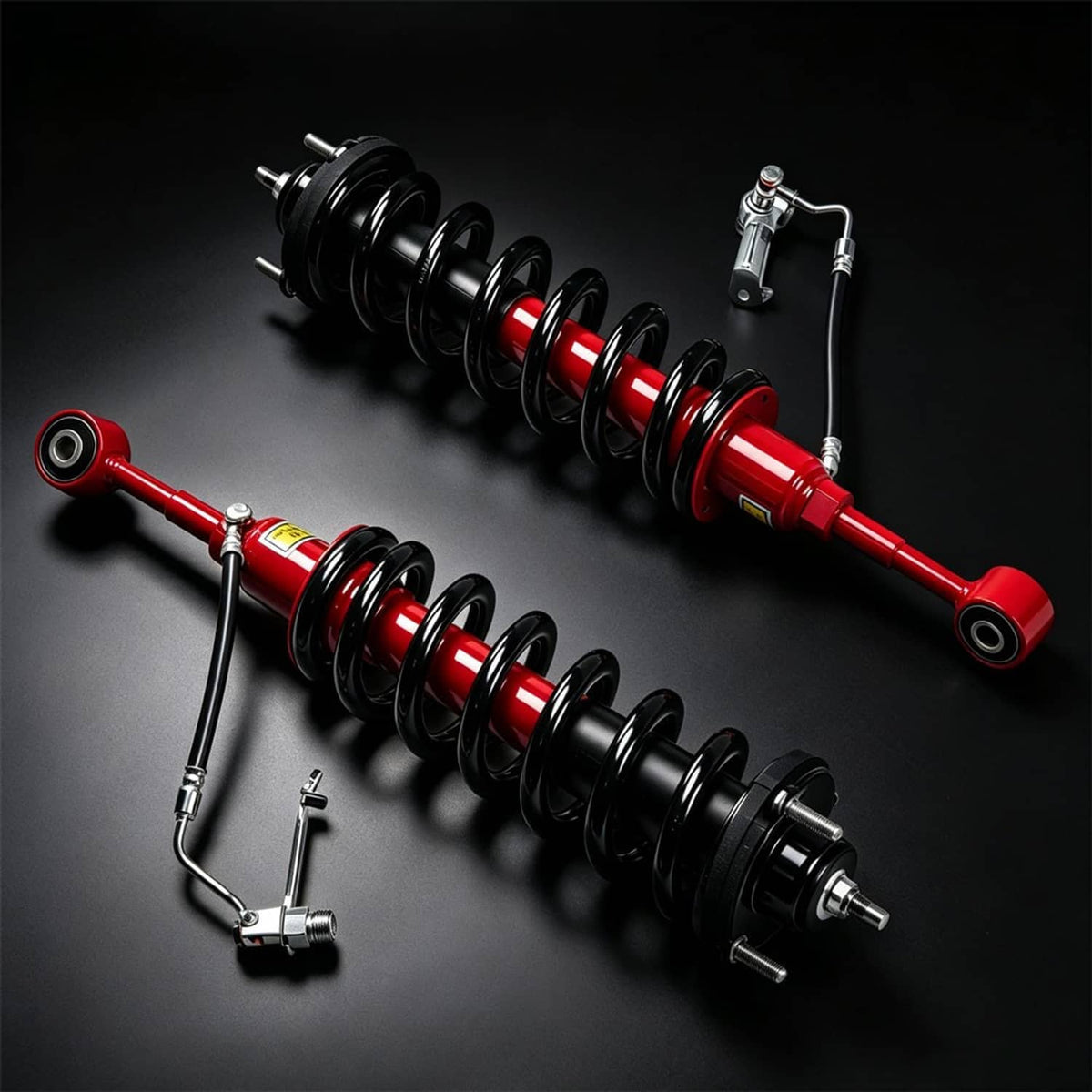 Front shock strut spring assembly set with red struts and black coil springs
