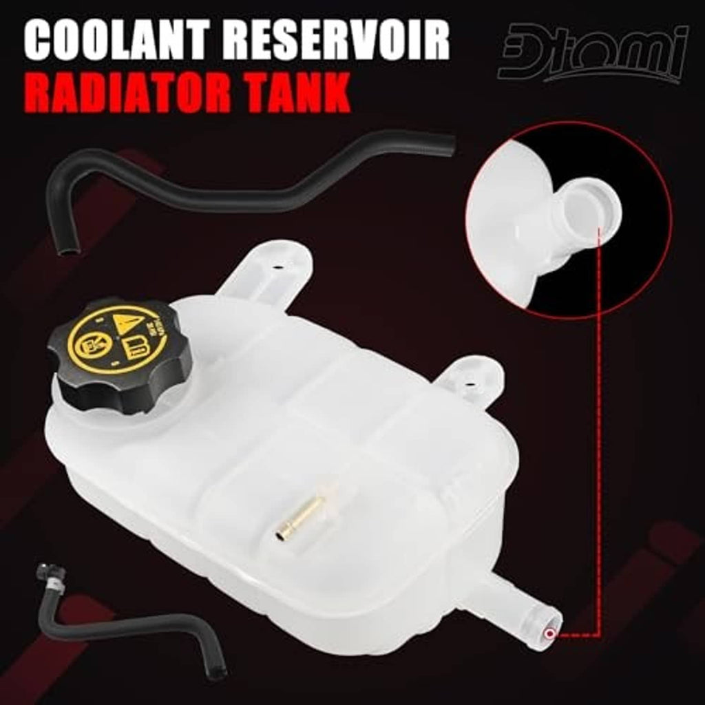 Angled coolant expansion reservoir tank with cap, white body, and black hoses