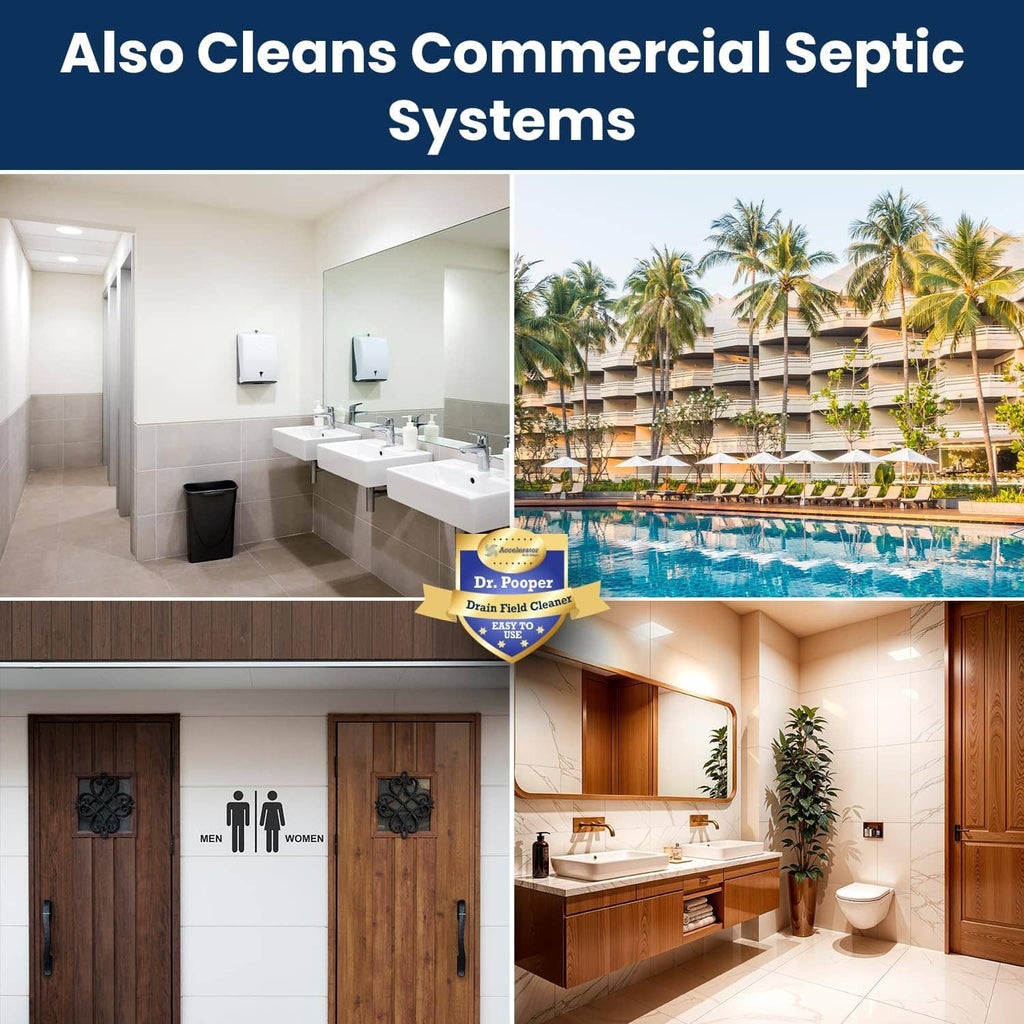 Commercial septic systems infographic with indoor and outdoor restroom scenes