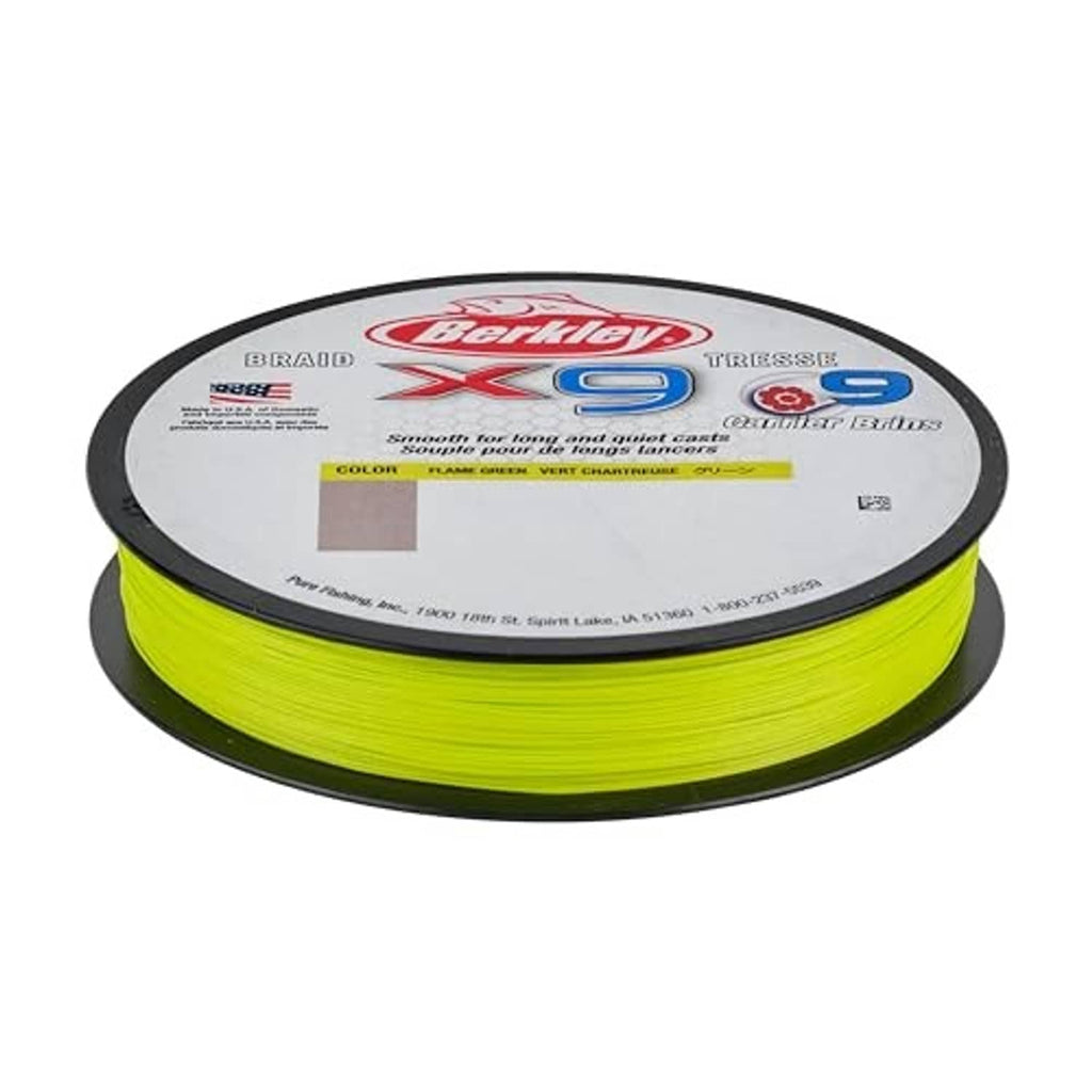 Berkley X9 braided fishing line spool top view, flame green braid on black reel