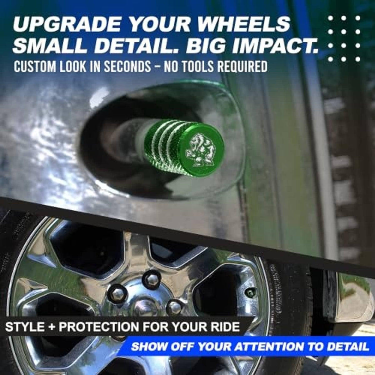 Green Yeti valve stem cap installed on tire valve, diamond texture with silver bands.