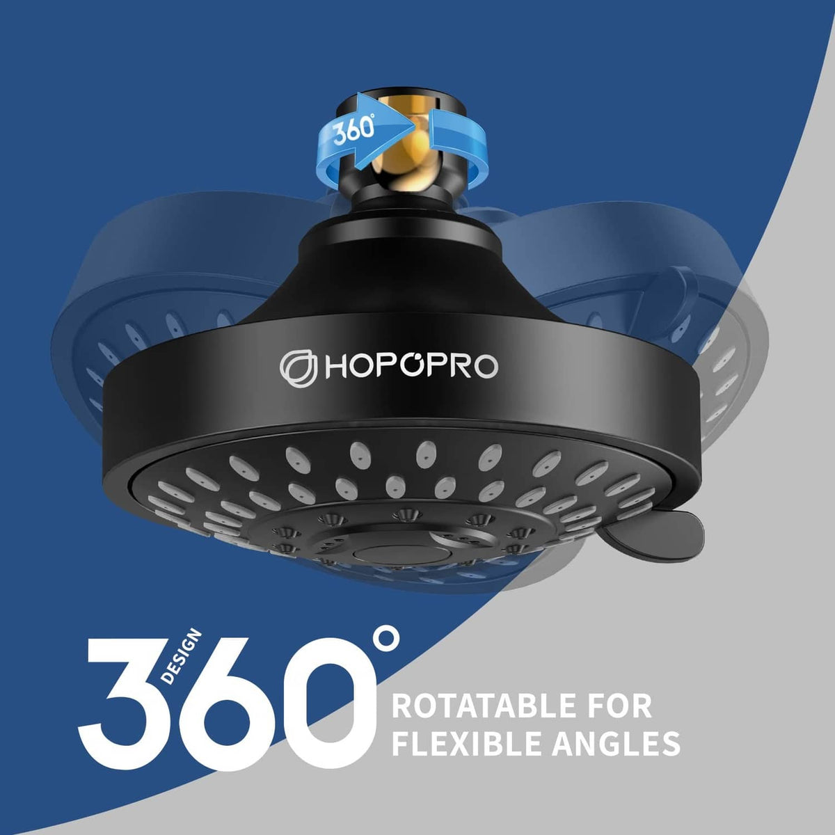 Matte black 4-inch shower head with 360° rotatable swivel for flexible angles