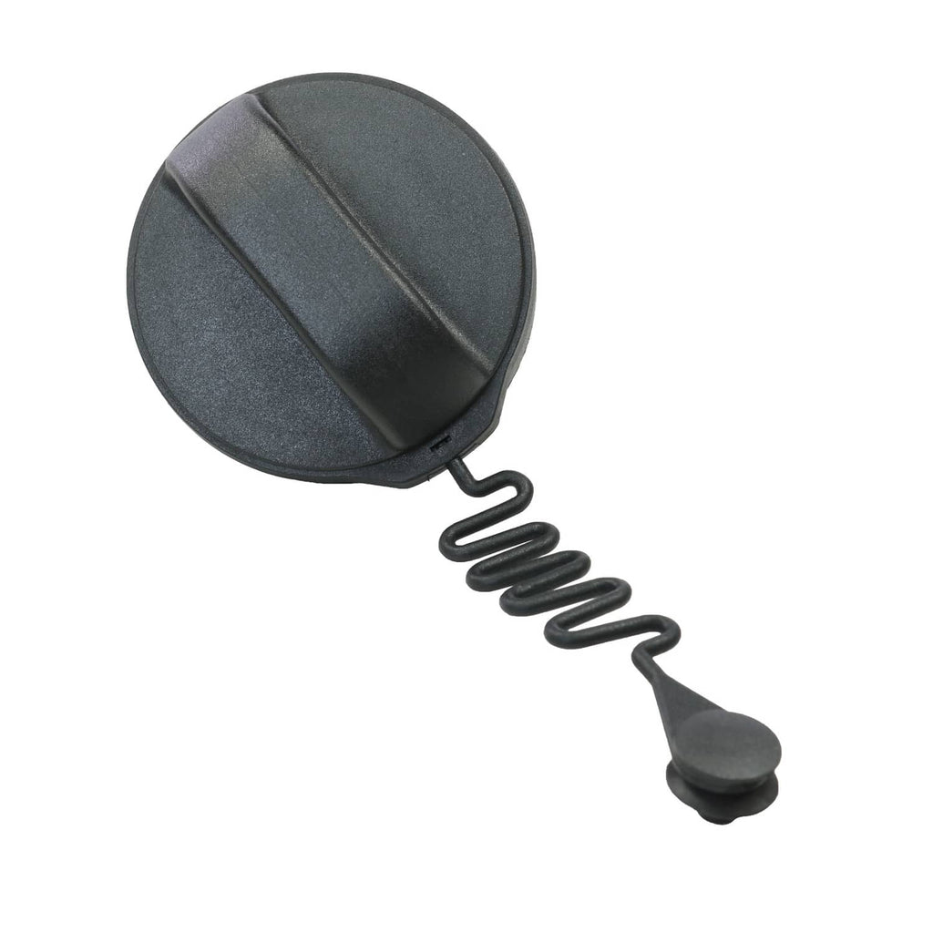 Black fuel filler cap with coiled spring tether and latch clip