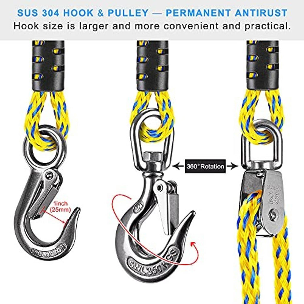 Stainless steel boat tow hook with braided yellow and blue rope and black protective sleeves