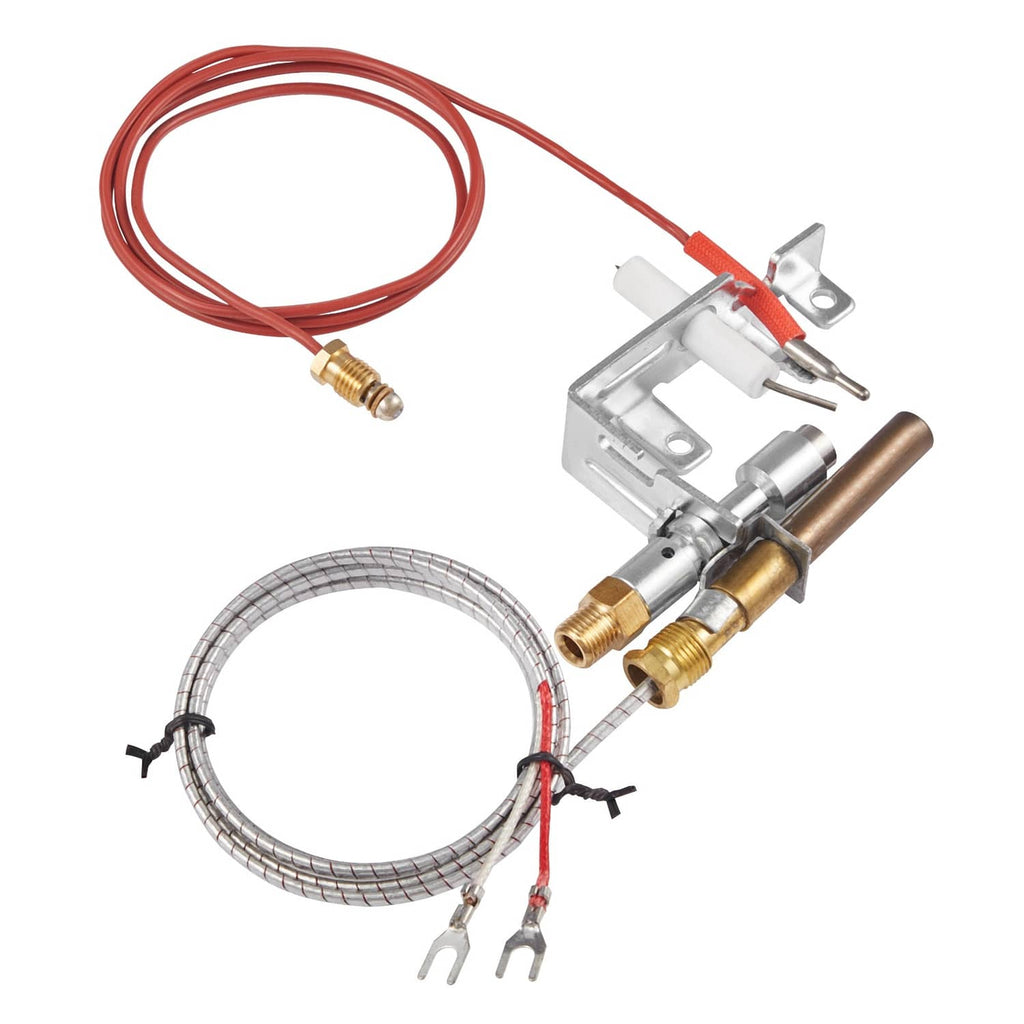 Natural gas pilot assembly with braided tubing, red wire leads, and brass fittings