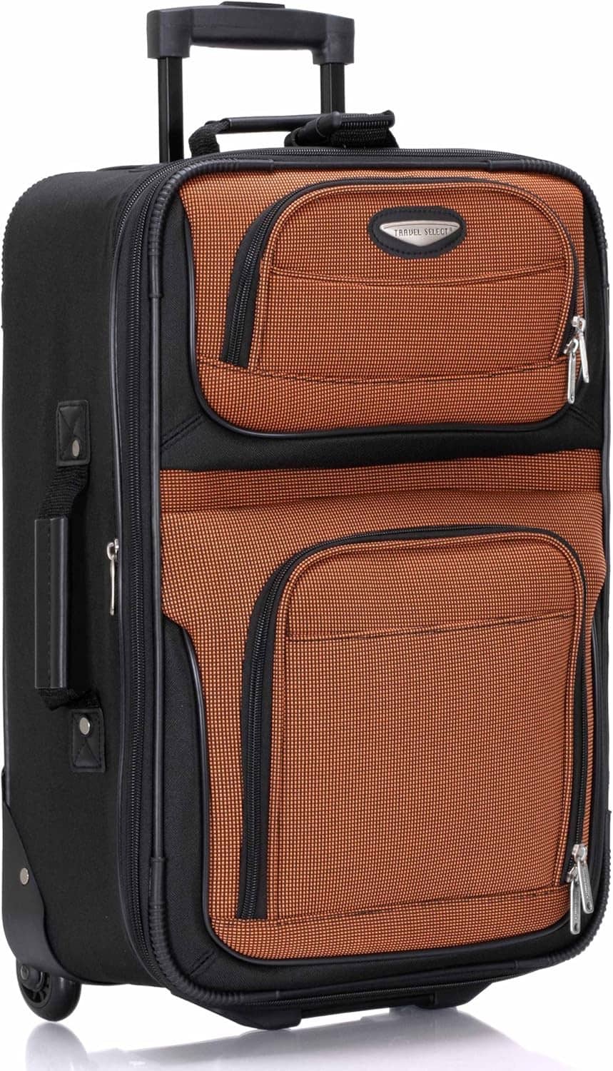 Orange and black softside expandable carry-on luggage with telescoping handle and wheels