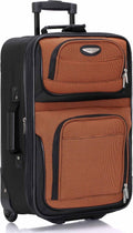 Orange and black softside expandable carry-on luggage with telescoping handle and wheels