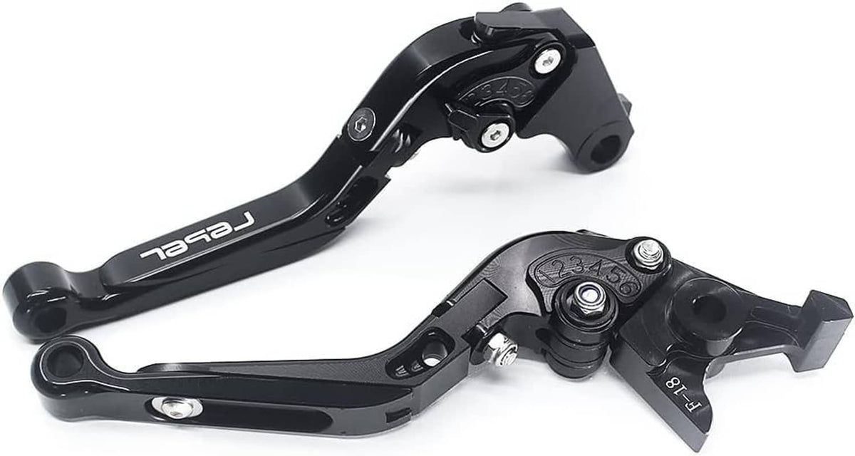 Black motorcycle clutch and brake levers with pivot assembly and mounting bracket