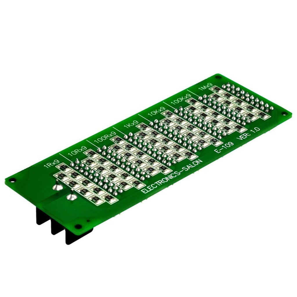 Green PCB side of a programmable resistor board with mounting holes and component grid