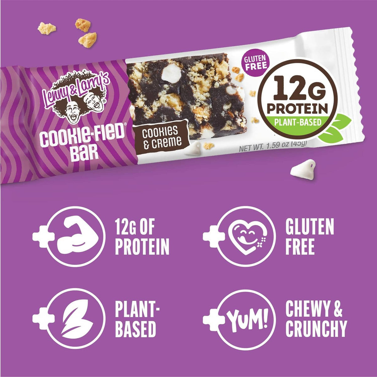 Cookie-fied protein bar wrapper with 12g protein and gluten free cookies & cream