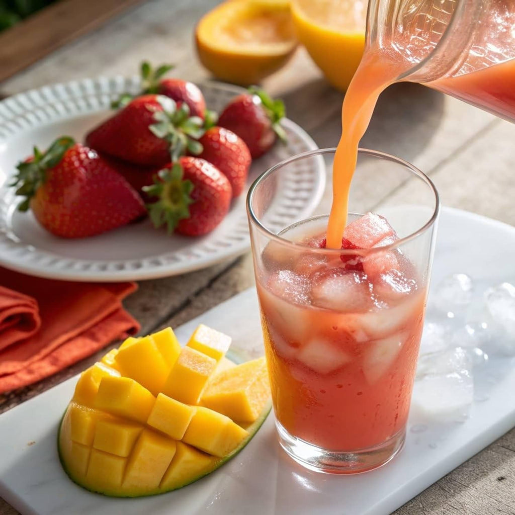 Strawberry mango juice drink in a glass with ice, strawberries, and mango chunks