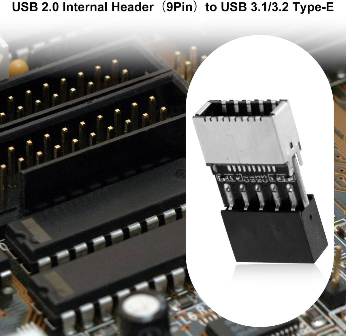 USB internal header adapter, 9-pin plug with black shroud, shown near motherboard connector