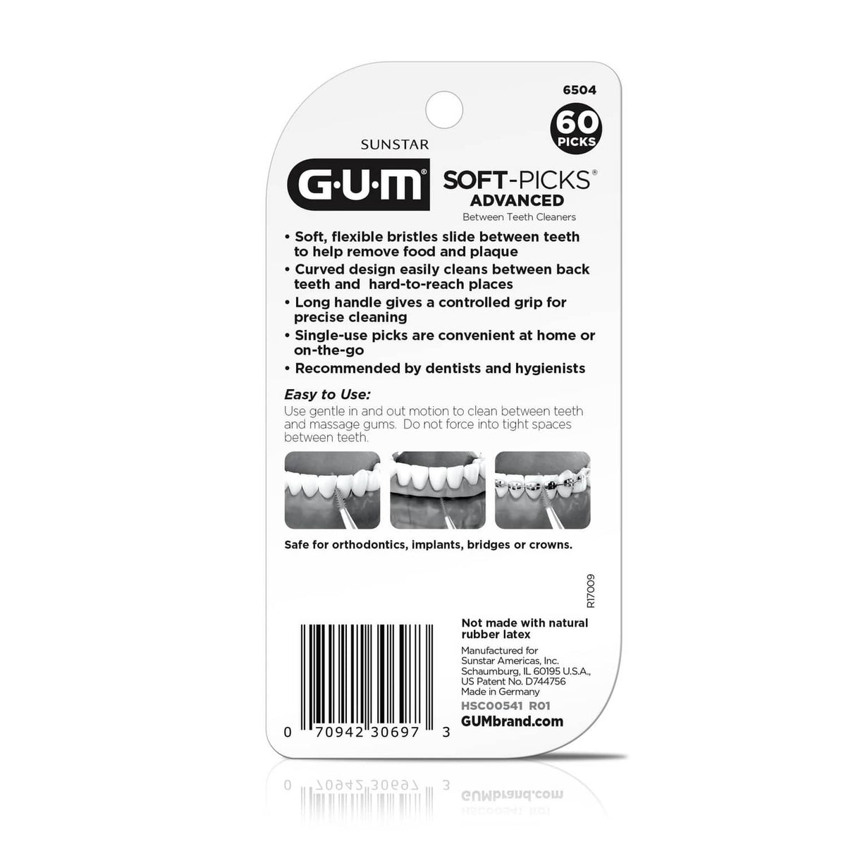 GUM Soft-Picks Advanced dental pick package back with 60 count and orthodontic note