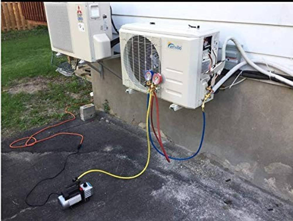 Mini-split outdoor unit adapter connection with colored refrigerant lines and fitting