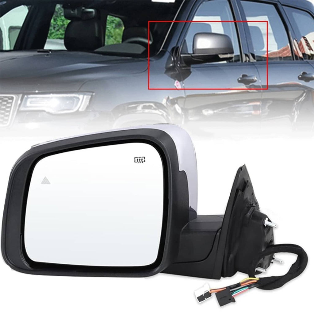 Driver-side blind-spot mirror with black housing, mounting area, and wiring