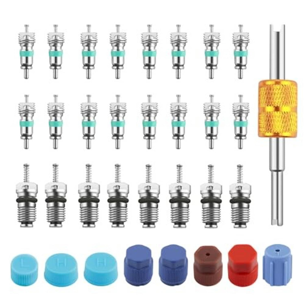 33-piece car AC valve core kit with metal valve stems, green-gray cores, and colored plastic caps