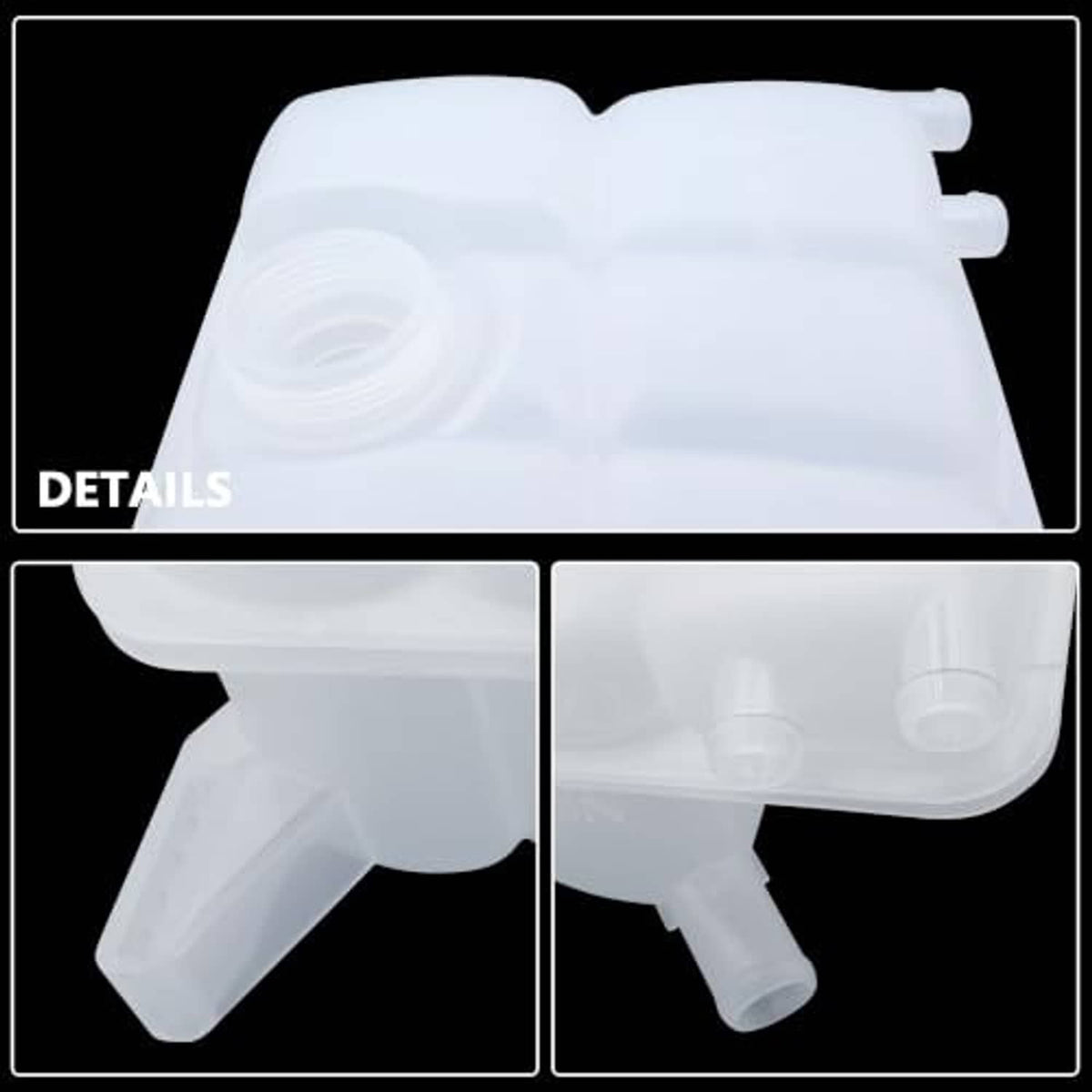 Coolant reservoir tank in translucent white with black pressure cap and outlet ports