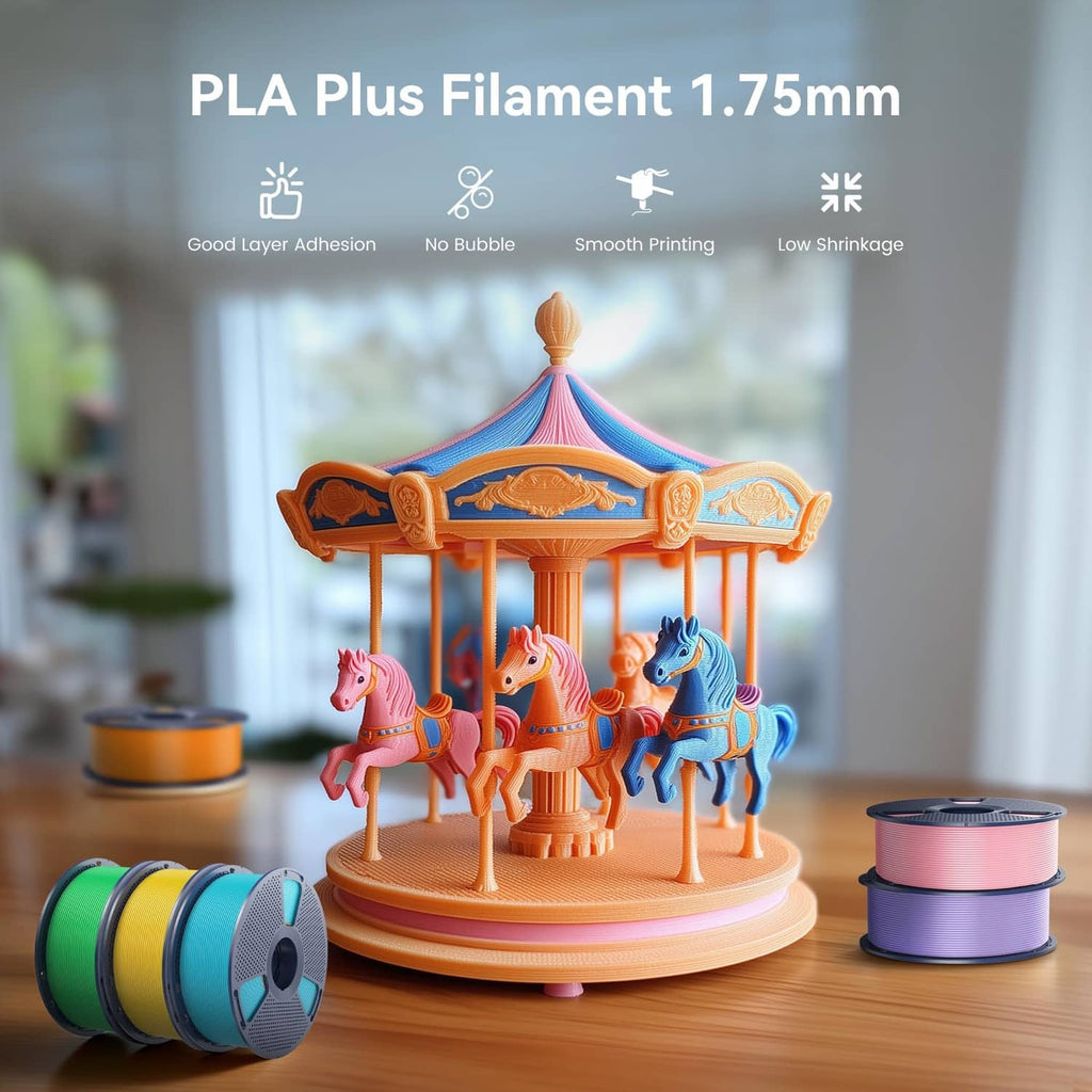 PLA Plus 1.75mm filament spools in green and blue, with retail packaging